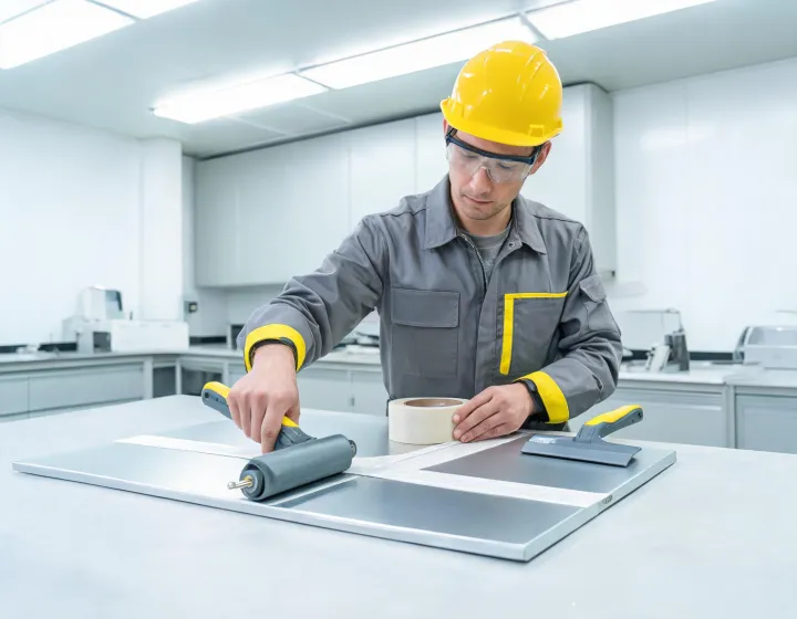 Engineer demonstrating tape application on aluminum panel